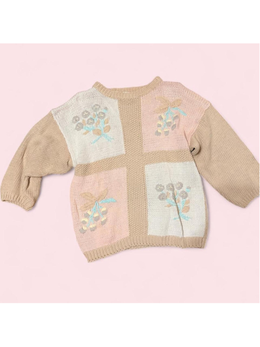Vintage Coquette Cottagecore hand-knit sweater with embroidered floral motifs on